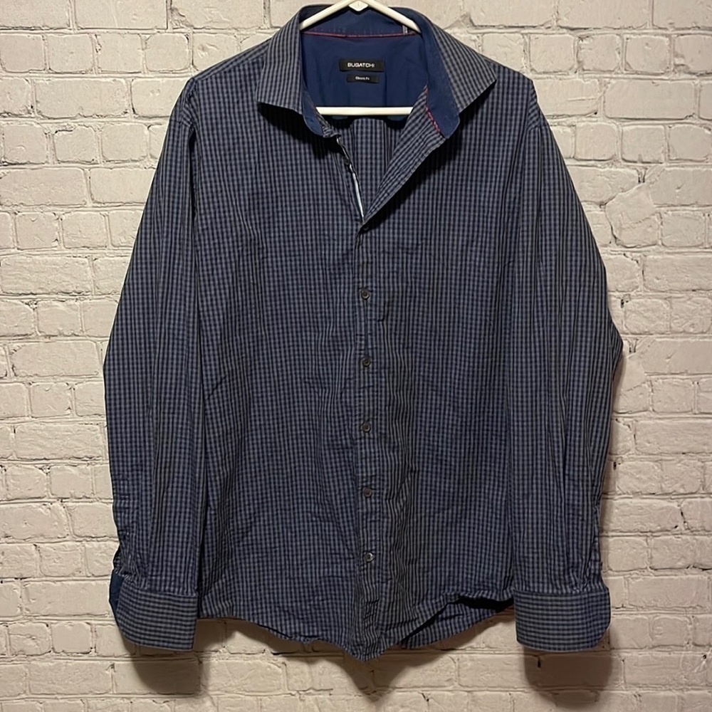 BUGATCHI Classic Fit Button Up Size XLBlue Gray Plaid Long Sleeve